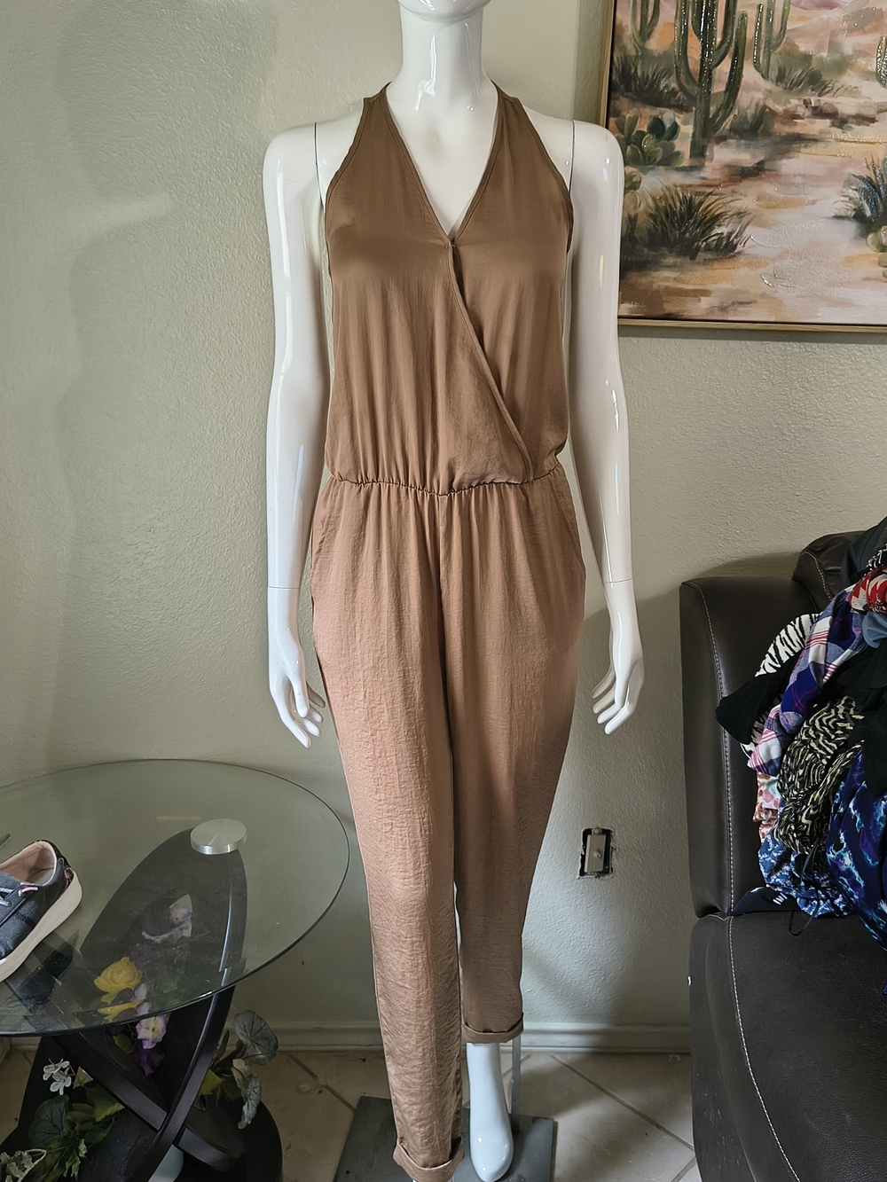 Zara Sleeveless V-Neck Jumpsuit in Camel
